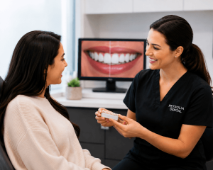Patient discussing flowable composite bonding treatment at Petrolia Dental in South Edmonton.