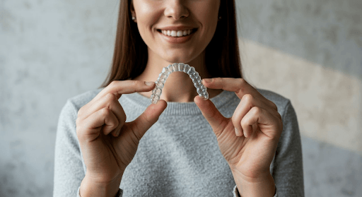 Adult holding a clear aligner