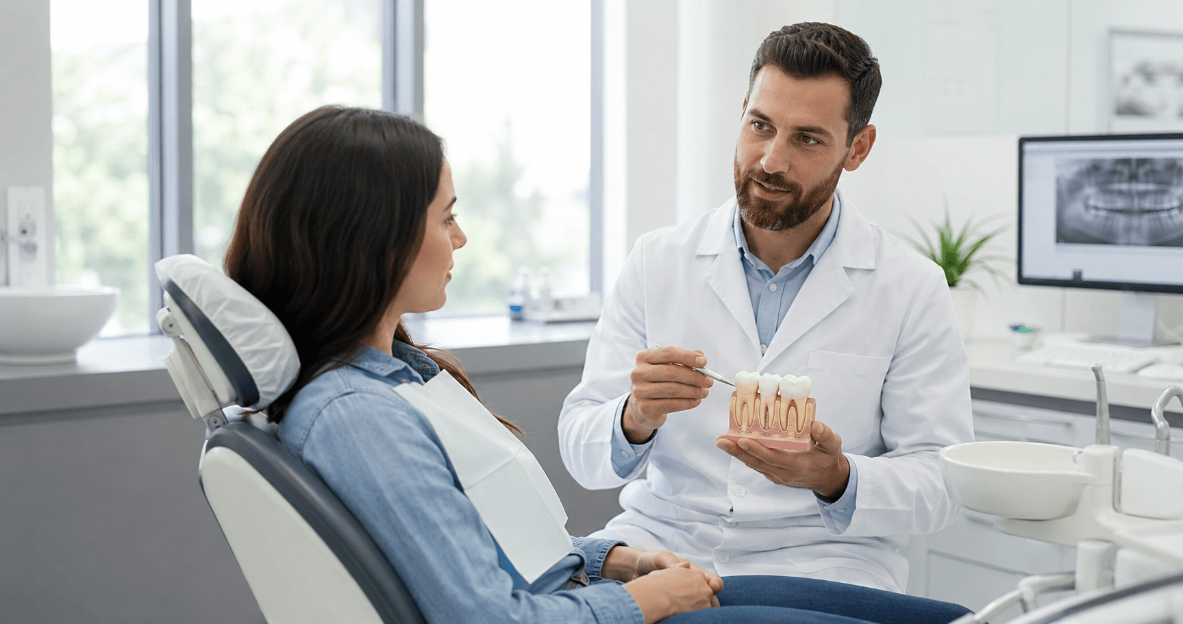 Dentist discussing gum health with an adult patient at a dental appointment.