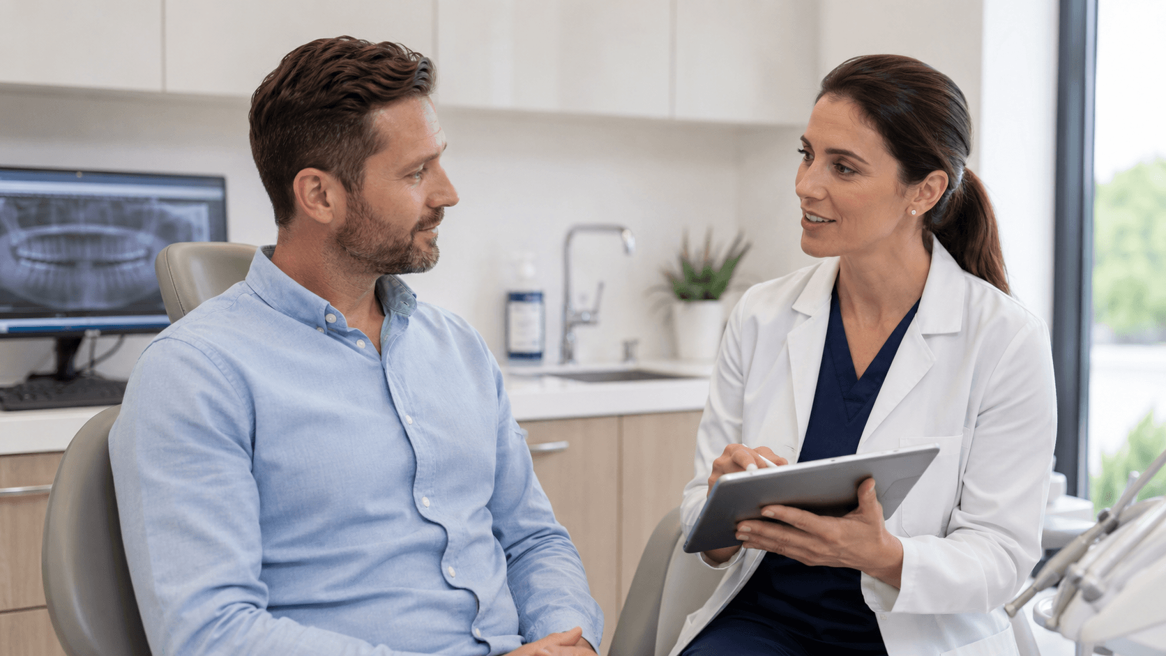 Dentist discussing cosmetic dental treatment options with an adult patient.