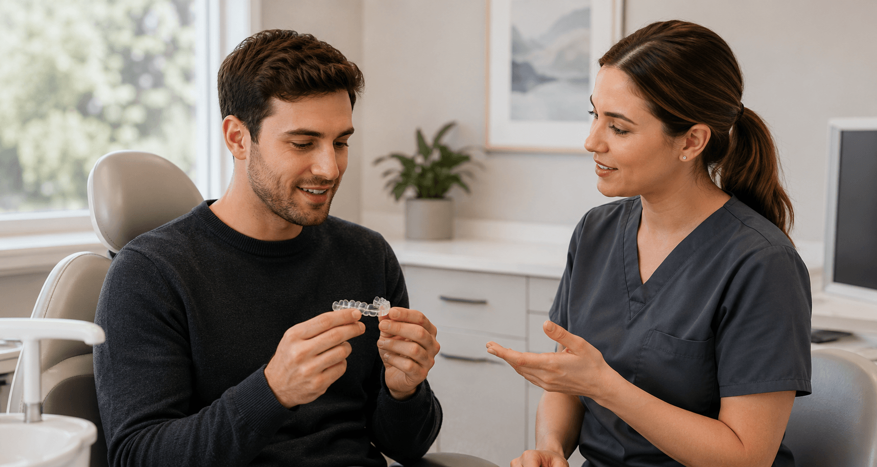 Adult patient holding clear aligners during an Invisalign consultation in Edmonton.