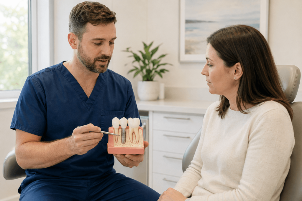 Dentist using a dental implant model to explain replacing one missing tooth to an adult patient.