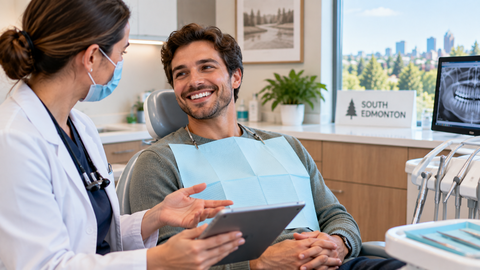  Patient meeting with a dentist in South Edmonton during a friendly dental consultation