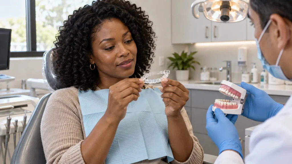 Woman examines a clear aligner while a dentist holds a teeth model in a dental exam room.
