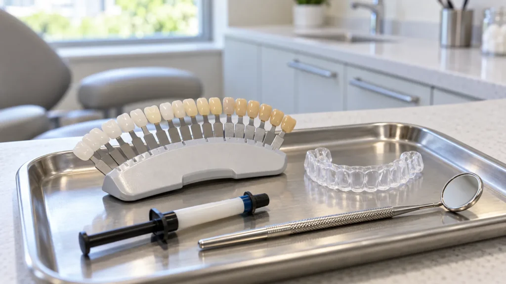 Woman examines a clear aligner while a dentist holds a teeth model in a dental exam room.